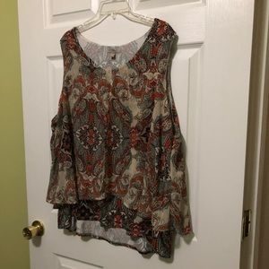 Tan, orange and blue chiffon sleeveless top